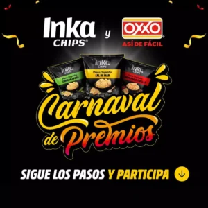 Banner de la Promo Inka Chips "Carnaval de Premios" 2025 con los premios: Nintendo Switch, AirPods Max, scooter Xiaomi y Tablet Lenovo, junto con las instrucciones para participar en el sorteo.