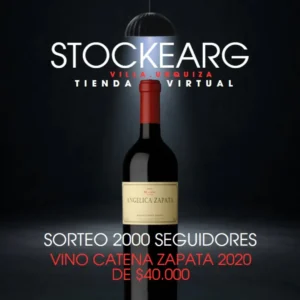 Imagen promocional del Sorteo Stocke Arg 2025, donde se sortea una botella de Vino Angélica Zapata Malbec Alta 2020. Participá siguiendo a Stocke Arg en Instagram, dando "Me gusta" y comentando con un amigo etiquetado.