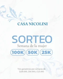 Imagen promocional del sorteo de Joyería Casa Nicolini con información sobre los premios: tres vouchers de $100.000, $50.000 y $25.000 para usar en la tienda.