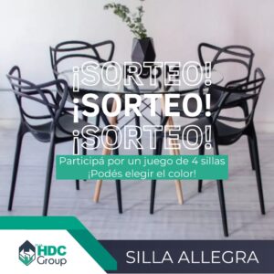 Imagen del Sorteo Flia Hdc Group 2025, donde se sortean 4 sillas Allegra en colores blanco o negro. Participá siguiendo a @hdc.group, dando like y mencionando amigos en los comentarios.