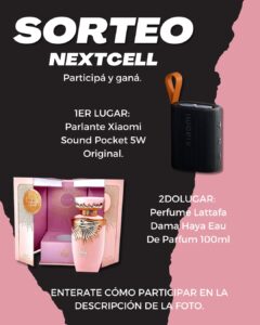 Imagen promocional del Sorteo NextCell 2025 con los premios: un parlante y un perfume árabe.