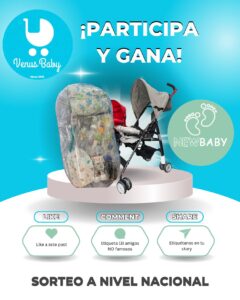 Imagen promocional del Sorteo Venus Baby 2025 con los premios: un coche paraguas y una canastilla para bebé.