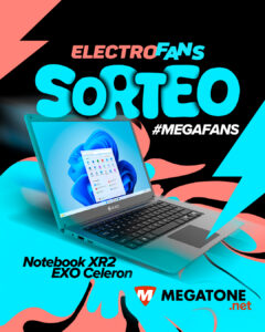 Imagen del sorteo de Megatone donde se promociona la Notebook XR2 EXO como premio. La publicación muestra los pasos para participar y la fecha del anuncio del ganador.